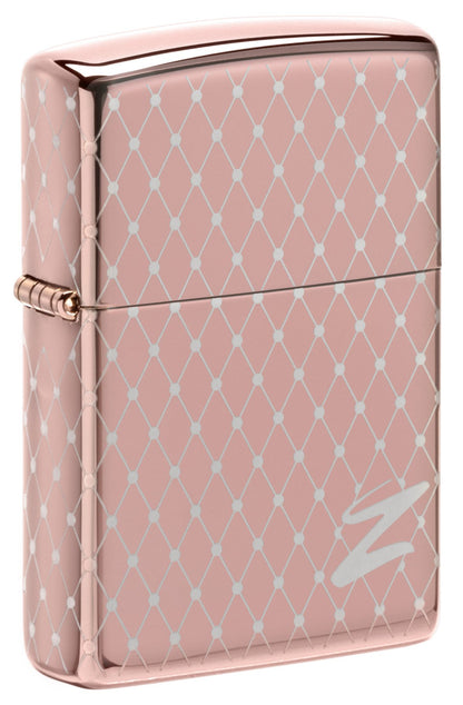 Vooraanzicht 3/4 hoek Zippo Aansteker 360 graden lasergravure Rose goud Mesh ontwerp met Zippo logo Online Only