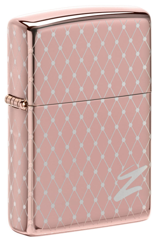 Vooraanzicht 3/4 hoek Zippo Aansteker 360 graden lasergravure Rose goud Mesh ontwerp met Zippo logo Online Only